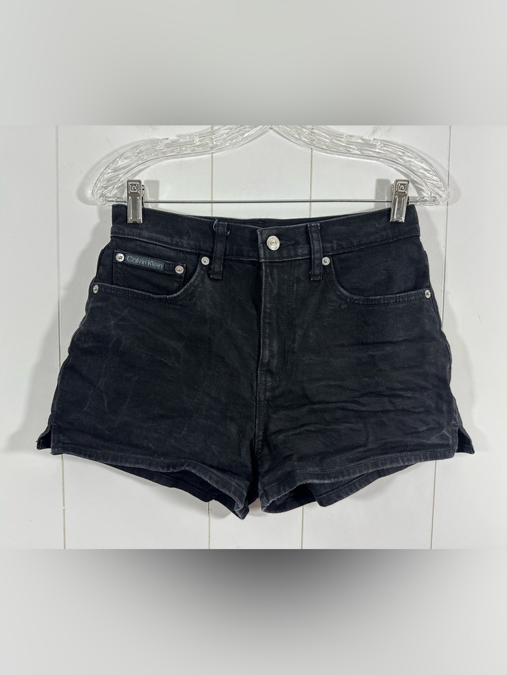 Calvin Klein Jeans Sz 28 Womens High Rise Mini Shorts Stretch Black Stone Washed